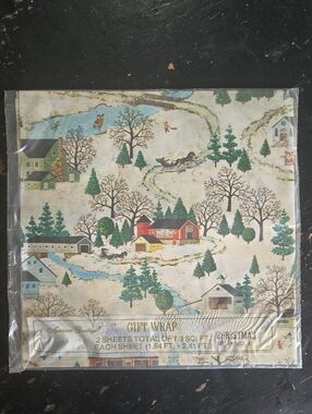 American Greetings Cream Holiday Village Gift Wrap with Green and Blue Accents